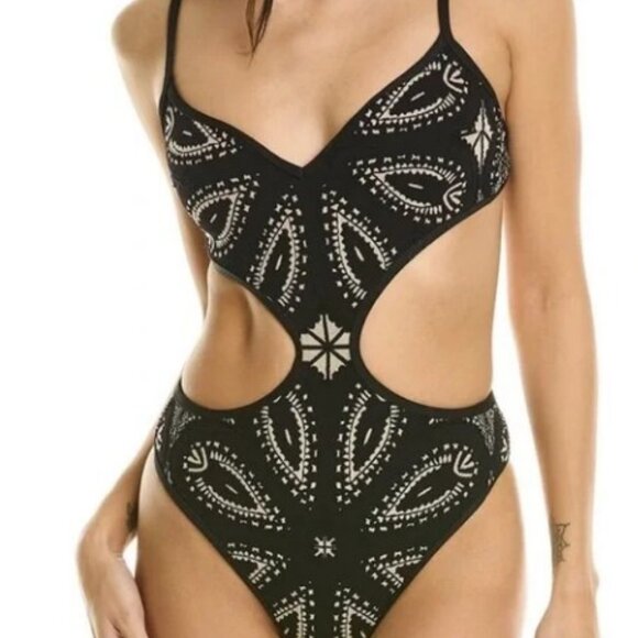 Devon Windsor Julian Black Jacquard One Piece Swimsuit New Size Medium Cut Out - Picture 12 of 12